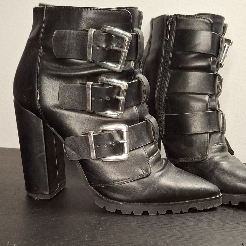 Black Pleather Buckle Boots